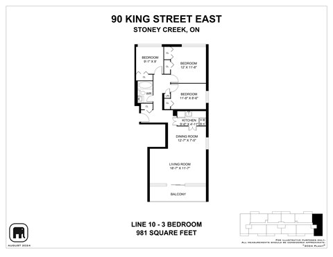 A floor plan for a home at 90 King Street East shows three bedrooms and a balcony.